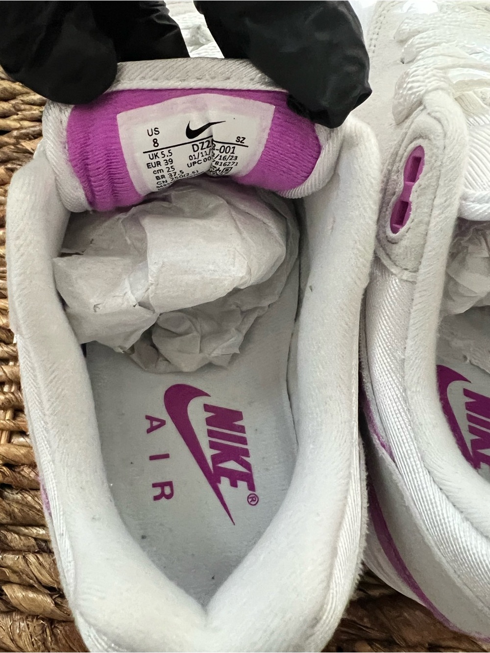 Nike Women’s White and Pink Air Max 1 Sneakers - Picture 7 of 7